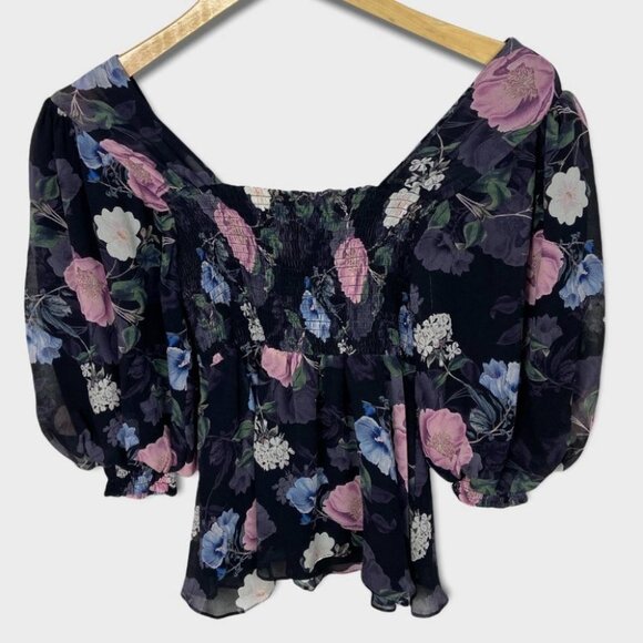 Nicholas 100% Silk Floral Square Neck Smocked Puff Sleeve Blouse Australia Top 6 - Picture 7 of 14